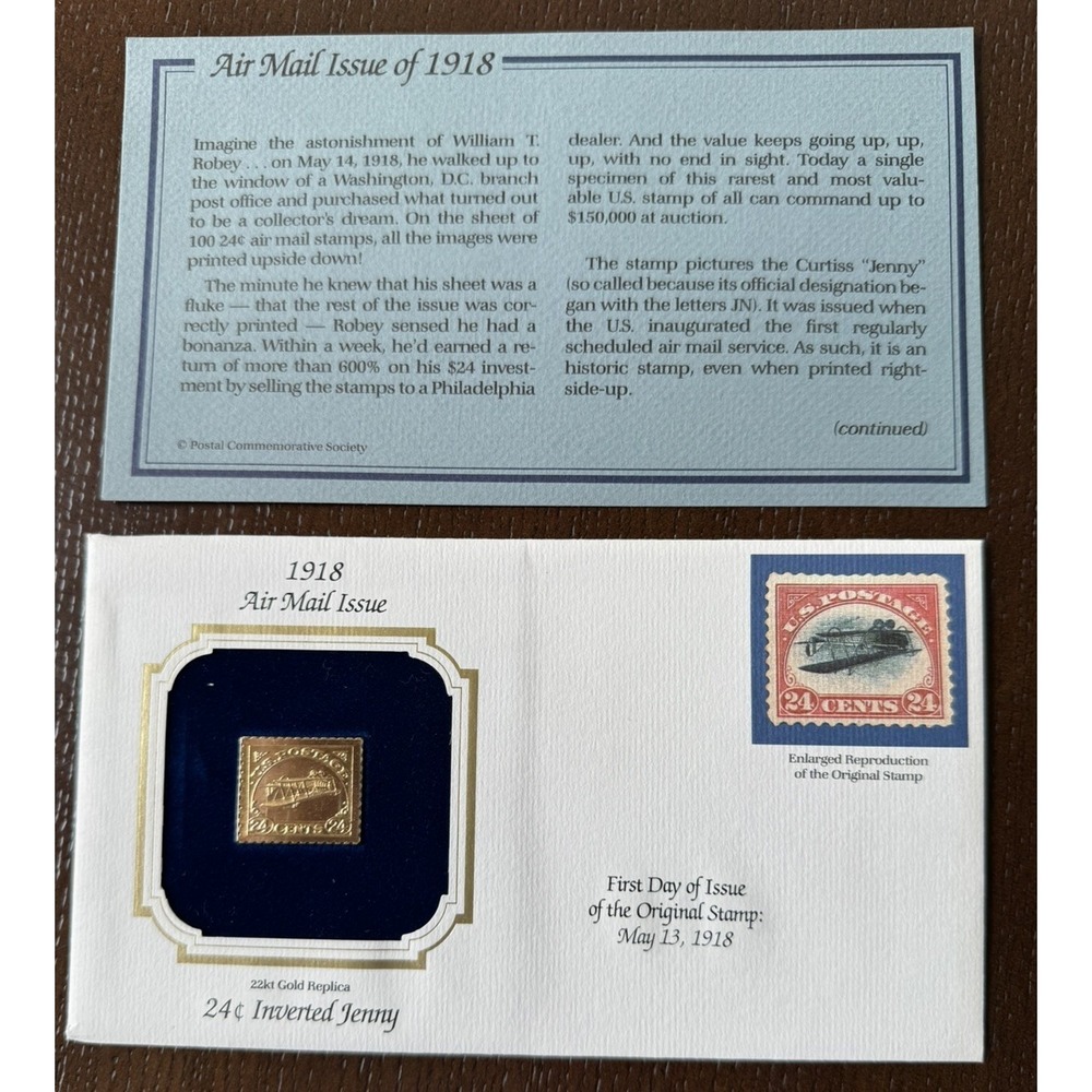 Inverted Jenny 22kt Gold Replica 1918 24¢ Stamp Air Mail Issue First Day Cover